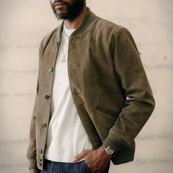 Taylor Stitch The Bomber Jacket Army Green Goat Suede 44 NEW Leather Button Coat - Picture 8 of 8